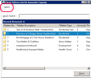 MatterSphere - Copying Associates to other matters Assoc Link select