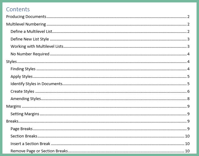 MS Word - Format Table of Contents TOC Before 1