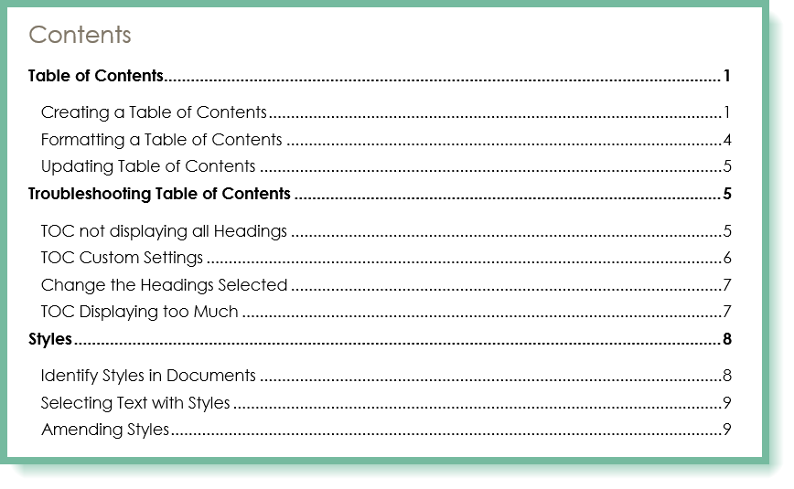 create table of contents in word styles