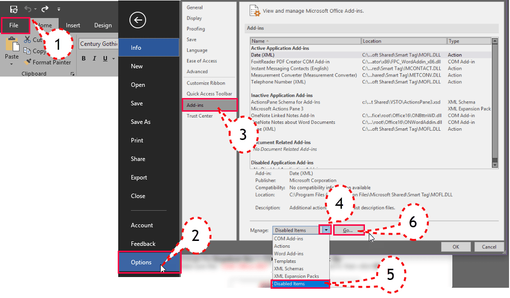 Missing icons from your MS Office Toolbars disabled items 1