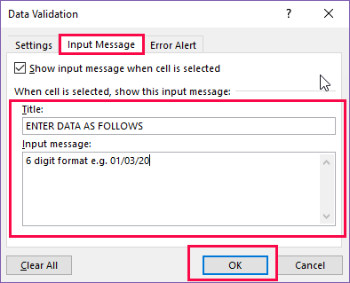 Excel - Producing consistent data - 5 Validating Data input message