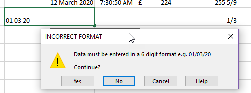 Excel - Producing consistent data - 5 Validating INCORRECT FORMAT