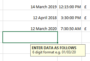 Excel - Producing consistent data - 5 Validating Input message result