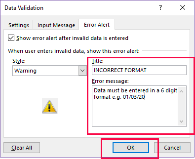 Excel - Producing consistent data - 5 Validating error message