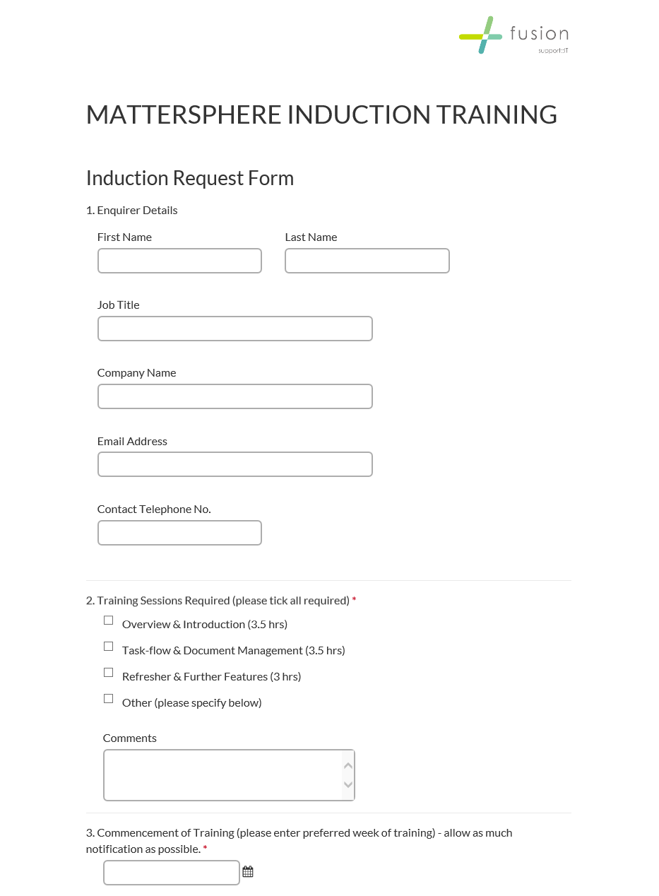 MatterSphere Induction Training Induction Booking form 1